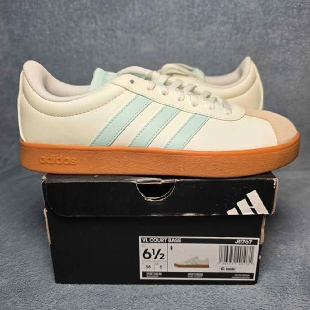 Adidas VL Court Base Sneakers Womens Size US 6.5 Cream Light Blue Gum Sole